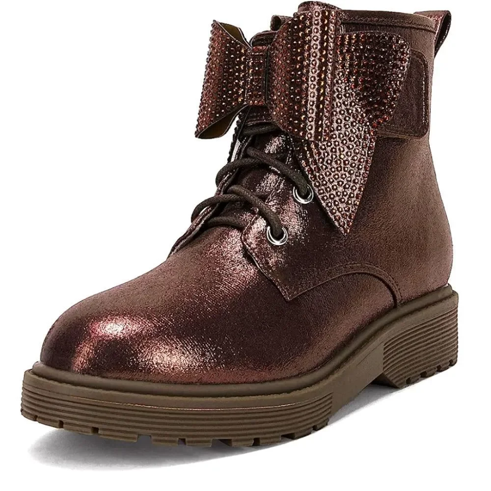 (7-4312)  ZBY Girls Glitter Ankle Boots Platform Rhinestone Bowtie Sz 4